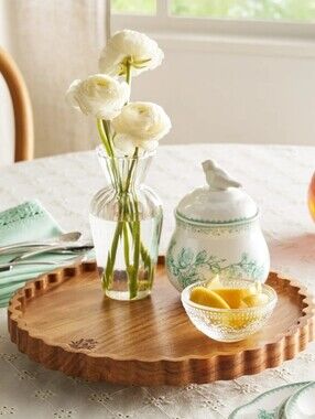New The Pioneer Woman Scalloped Acacia Wood 12 Inch Lazy Susan Serving Tray